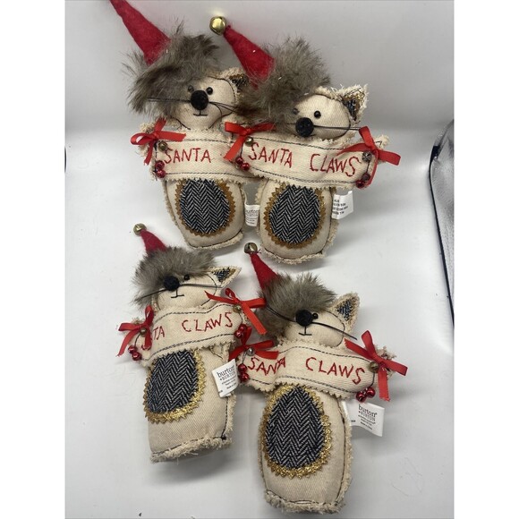 Burton+Burton “SANTA PAWS” Primitive Fabric Cat Ornament Set Of 4 Lot New - Picture 3 of 4